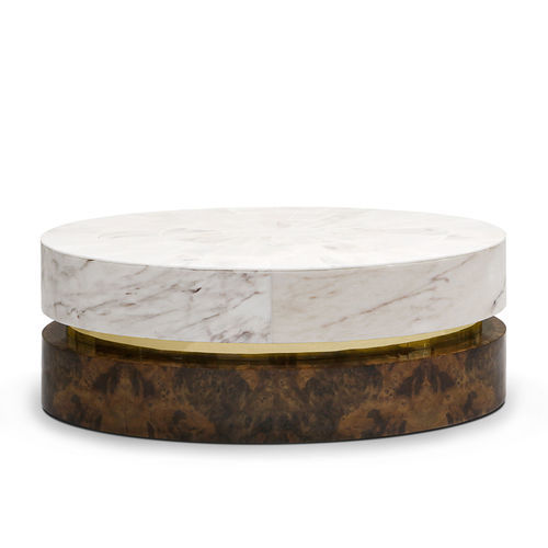 Table basse contemporaine - INFINITY  - Memoir - en laiton poli / en marbre / avec piètement en plaqué bois