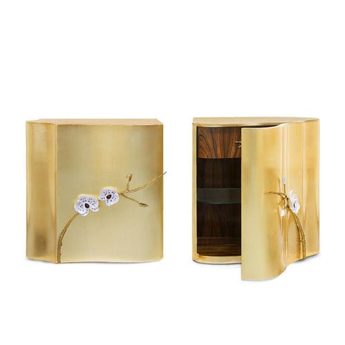 Table de chevet contemporaine - HONOR  - Memoir - en bois doré à la feuille d'or / en verre / avec piètement en bois