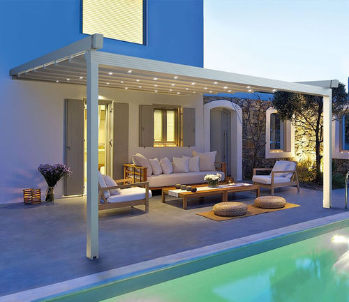 Pergola adossée - Viva - Van Hoof - en aluminium thermolaqué / couverture coulissante en toile PVC / modulable