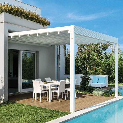 Pergola adossée - Quadra - Van Hoof - en aluminium thermolaqué / couverture coulissante en toile PVC / modulable