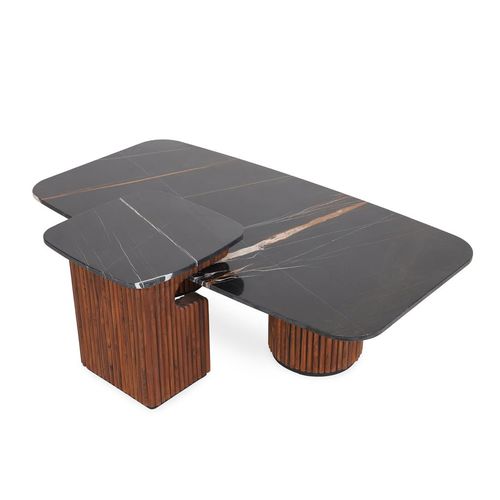 Table moderne - DWIJ - ALANKARAM - en teck / en marbre / avec piètement en teck