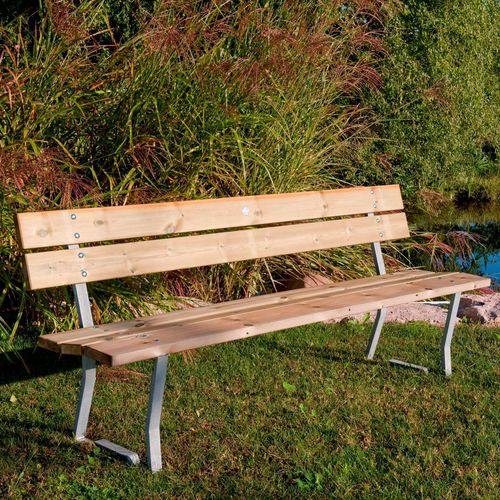 Banc de jardin contemporain - FLORAL - Pircher - en mélèze / en acier galvanisé / avec dossier