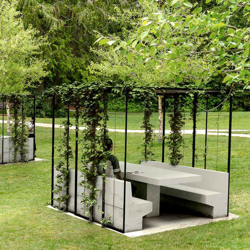 Table de pique-nique contemporaine - AIRE - PREFAC MYWAY - en béton / rectangulaire / avec chaises intégrées