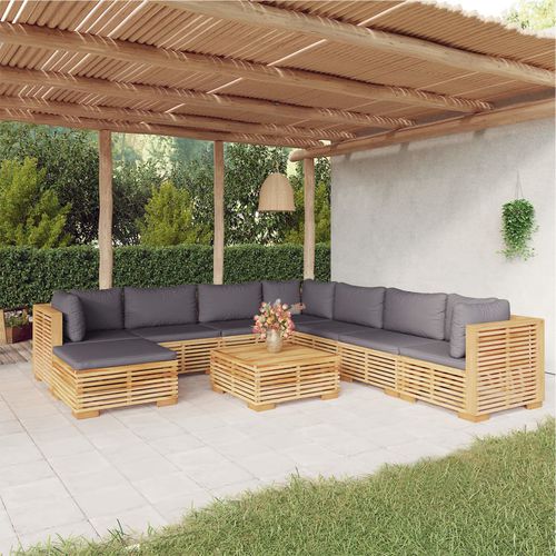 Salon de jardin contemporain - vidaXL 9-tlg : 3100890 - desayo - en bois massif / en teck / en tissu