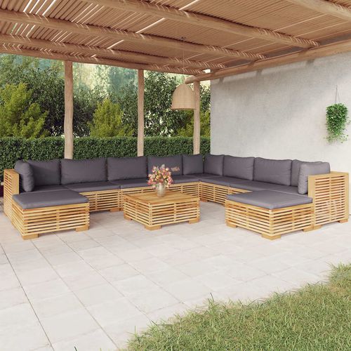 Salon de jardin contemporain - vidaXL 11-tlg : 3100884 - desayo - en bois massif / en teck / en tissu