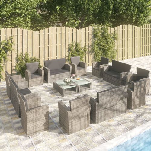Salon de jardin contemporain - vidaXL 16-tlg : 3095946 - desayo - en rotin synthétique / en acier à revêtement par poudre / en verre