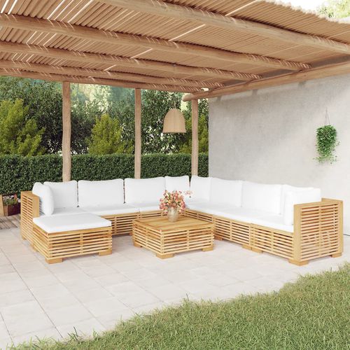 Salon de jardin contemporain - vidaXL 9-tlg : 3100889 - desayo - en bois massif / en teck / en tissu