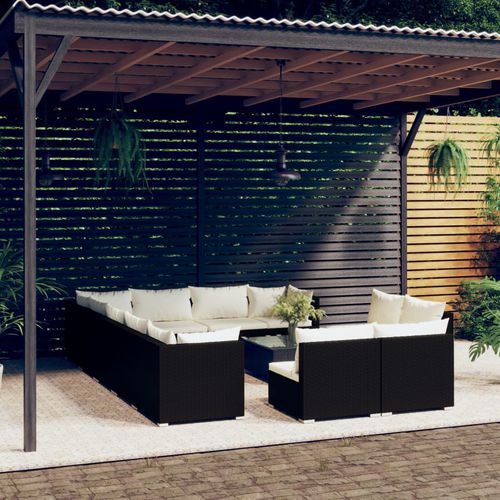 Salon de jardin contemporain - vidaXL 13-tlg : 3102847 - desayo - en rotin synthétique / en acier à revêtement par poudre / en tissu