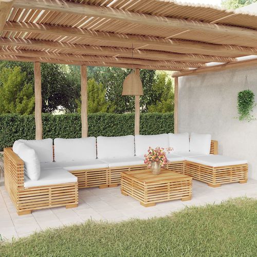 Salon de jardin contemporain - vidaXL 8-tlg : 3100909 - desayo - en bois massif / en teck / en tissu