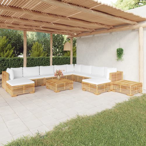 Salon de jardin contemporain - vidaXL 12-tlg : 3100887 - desayo - en bois massif / en teck / en tissu