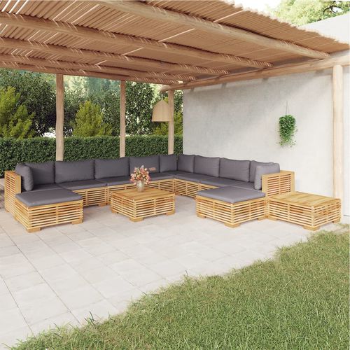 Salon de jardin contemporain - vidaXL 12-tlg : 3100888 - desayo - en bois massif / en teck / en tissu