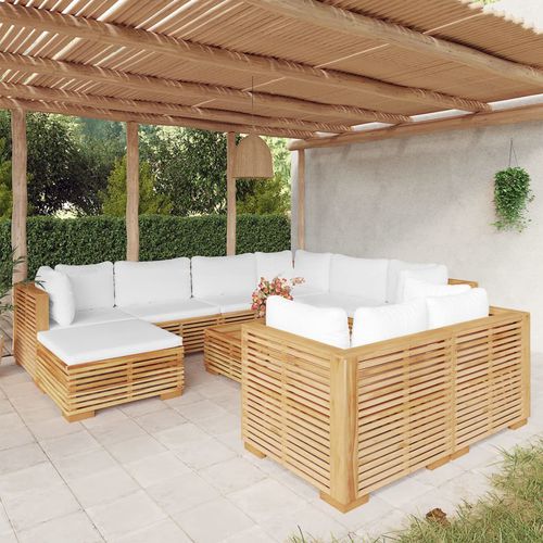 Salon de jardin contemporain - vidaXL 10-tlg : 3100881 - desayo - en bois massif / en teck / en tissu