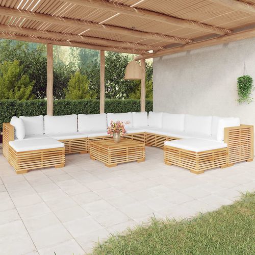 Salon de jardin contemporain - vidaXL 11-tlg : 3100883 - desayo - en bois massif / en teck / en tissu