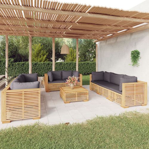 Salon de jardin contemporain - vidaXL 9-tlg : 3100874 - desayo - en bois massif / en teck / en tissu