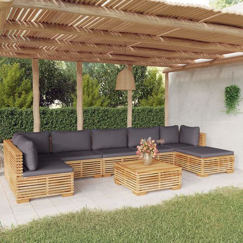 Salon de jardin contemporain - vidaXL 8-tlg : 3100910 - desayo - en bois massif / en teck / en tissu