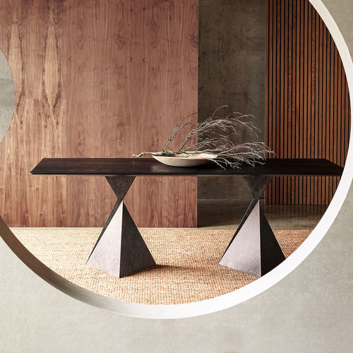 Table à manger contemporaine - Avalon - TOM FAULKNER - en verre / avec piètement en acier / avec piètement en bronze