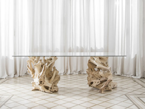 Table à manger design organique - NORAH - ARRELART - en verre / avec piètement en teck / rectangulaire