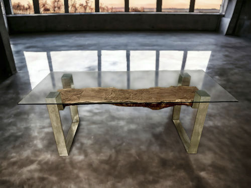 Table à manger design original - TAUMEN34 - ARRELART - en bois exotique / en cristal / avec piètement en acier inoxydable