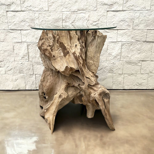 Table d'appoint contemporaine - SIDETABLE1 - ARRELART - en verre / avec piètement en teck / ronde