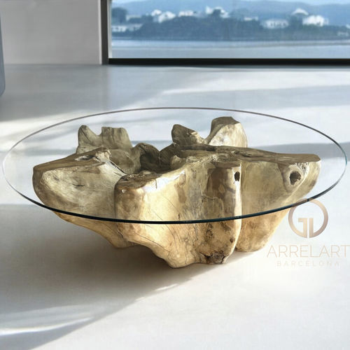 Table basse contemporaine - INDRA - ARRELART - en verre / avec piètement en teck / ronde