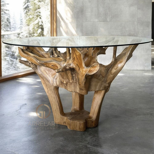 Table à manger contemporaine - HAVANA - ARRELART - en verre / avec piètement en teck / ronde