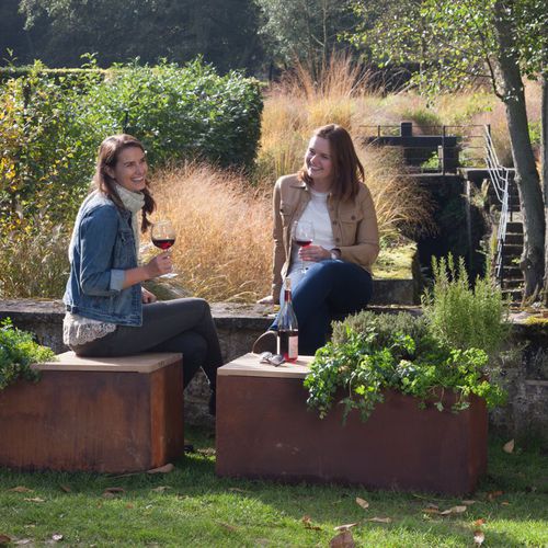 Banc de jardin contemporain - HG-B - OFYR France - en teck / en acier corten / sans dossier