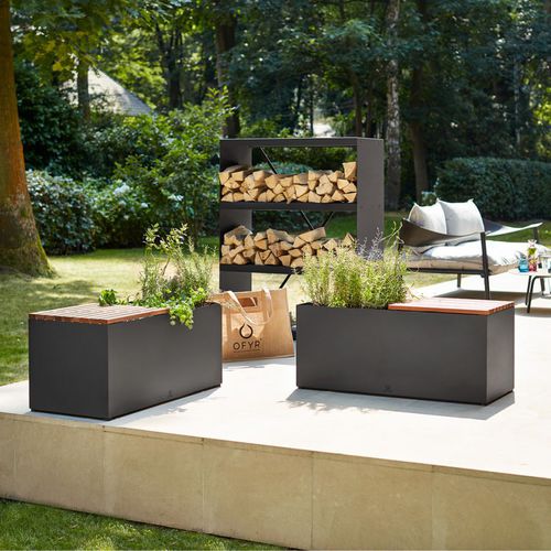 Banc de jardin contemporain - HG-BB - OFYR France - en teck / en acier laqué / sans dossier