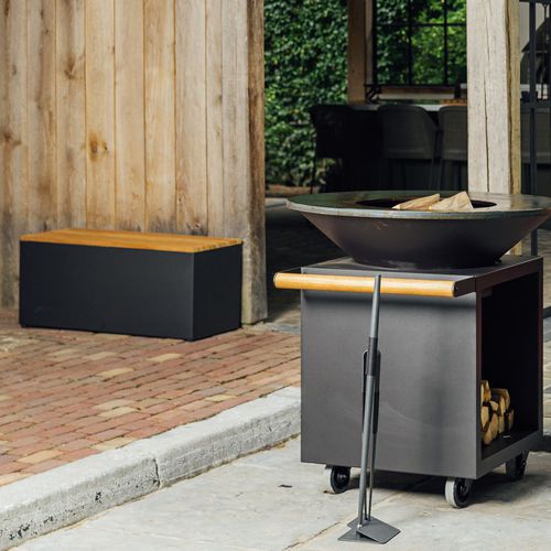 Banc de jardin contemporain - G-BB - OFYR France - en teck / en acier laqué / sans dossier