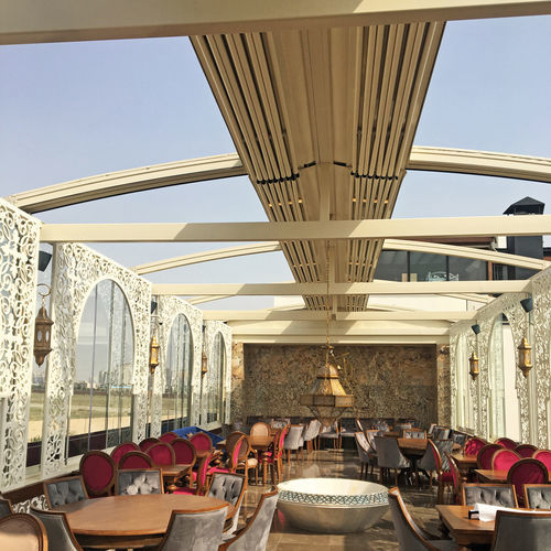 Pergola adossée - ECO SHELL - BYART GROUP - en aluminium / couverture coulissante / rétractable
