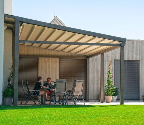 Pergola adossée - PERGOROOF INC - en bois / couverture en toile / professionnelle