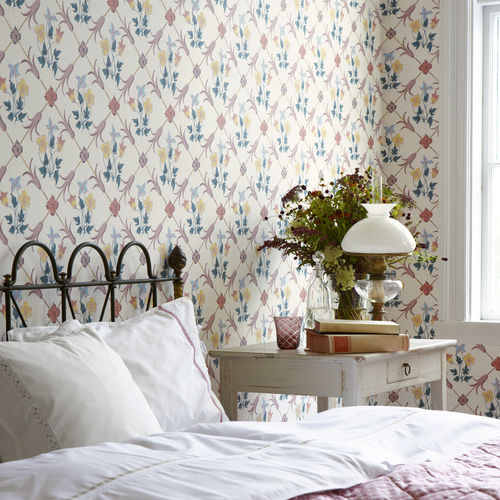 Papier peint rétro - Tessin - Boråstapeter - à motif floral / aspect tissu / blanc