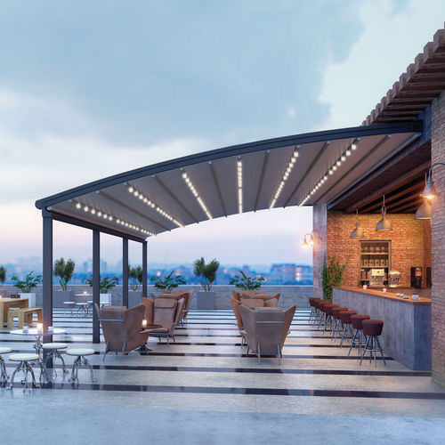 Pergola adossée - FALCATE - QUERCUS MINIMA - GOSS Outdoor - en aluminium peint / couverture en toile / rétractable