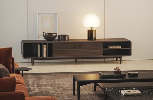 Support TV sur pied contemporain - ST004 - Praddy Unipessoal lda - en noyer / en cuir / en bois