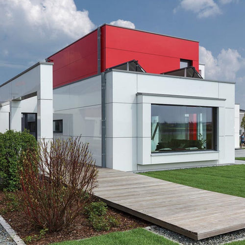 Bardage en panneaux - LUXHAUS, WORLD OF PREFAB HOUSES, NUREMBERG - ALUCOBOND - en aluminium / en composite / à emboîtement