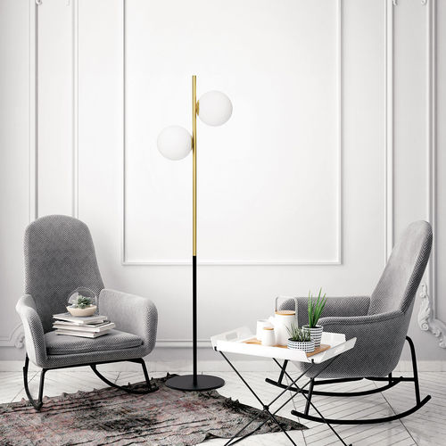 Lampe de sol - JUGEN - Miloox - en laiton brossé / en opale / en verre soufflé
