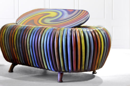 Table basse design original - TWIST - Harleq - en bois teinté / en cuir / avec piètement en bois