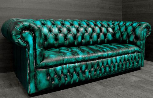 Canapé chesterfield - TURQUOISE  - Harleq - en cuir / vert / en hêtre