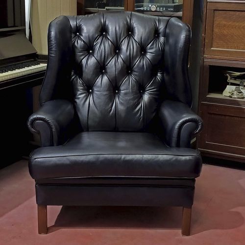 Fauteuil chesterfield - VINTAGE  - Harleq - en cuir / à oreilles / noir