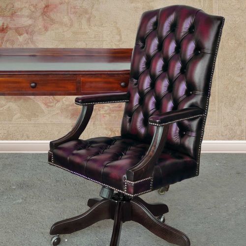 Lot De 2 Fauteuils Style Chesterfield Anglais - Bois Foncé Et Cuir Vert - Occasion