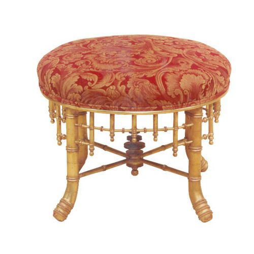 Tabouret de style Napoléon III - Henryot & Cie - avec piètement en bois / tapissé / rouge