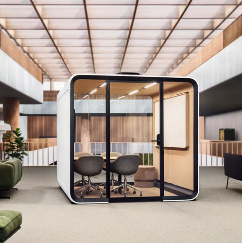 Bureau POD avec éclairage intégré - FRAMERY SIX™ - Framery Oy - acoustique / avec porte vitrée / avec prise de courant intégrée