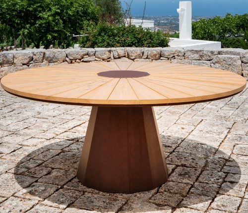 Table contemporaine - SPICA - Trackdesign - en mélèze / avec piètement en acier COR-TEN® / ronde