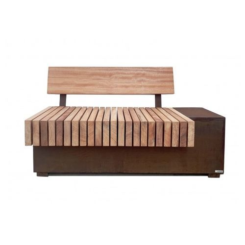 Banc public contemporain - Bricks  - Trackdesign - en bois massif / en acier COR-TEN® / avec dossier