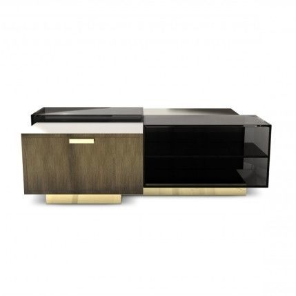 Table basse contemporaine - CUBICLE - Porus studio - en verre fumé / en laiton brossé / avec piètement en laiton poli