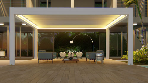 Pergola autoportée - GRETA FLOW - RGM srl - en aluminium peint / en PVC / couverture coulissante en toile PVC