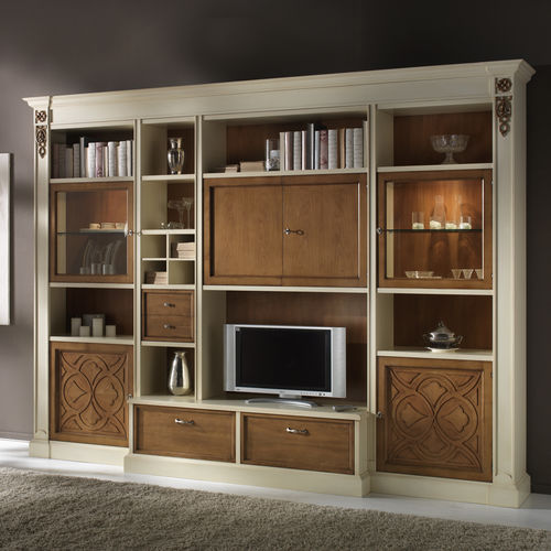 Ensemble TV mural classique - F 03 - MOLETTA MOBILI - en bois laqué / en frêne / en verre