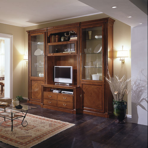 Ensemble TV mural classique - R04 - MOLETTA MOBILI - en bois massif / sur mesure / avec tiroirs