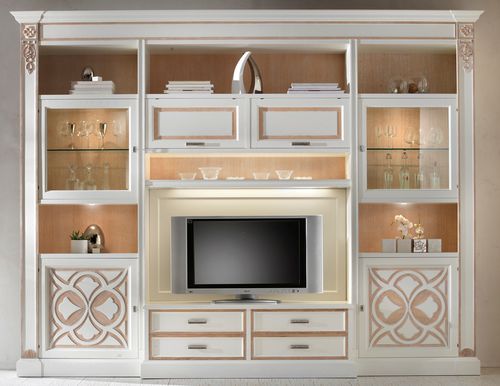 Ensemble TV mural classique - F 04 - MOLETTA MOBILI - en bois laqué / en verre / avec éclairage intégré