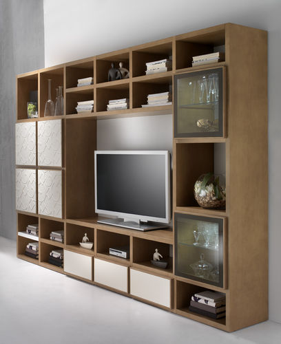 Ensemble TV mural contemporain - ST 57 - MOLETTA MOBILI - en frêne / avec tiroirs / avec étagères