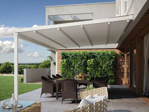 Pergola adossée - ÍBERA - ILISUN - en aluminium / en acier inoxydable / couverture en toile